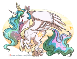 Size: 1704x1307 | Tagged: safe, artist:inuhoshi-to-darkpen, princess celestia, alicorn, classical unicorn, pony, unicorn, g4, horse play, my little pony: friendship is magic, chest fluff, cloven hooves, crown, cute, cutelestia, ethereal mane, eyes closed, feathered fetlocks, female, fluffy, happy, horn, jewelry, leonine tail, mare, open mouth, prancelestia, prancing, regalia, simple background, solo, tail, transparent background, unshorn fetlocks