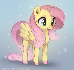 Size: 2513x2386 | Tagged: safe, artist:sverre93, fluttershy, pegasus, pony, g4, :t, cute, female, gradient background, hnnng, mare, shyabetes, smiling, snow, snowfall, solo, spread wings, wings