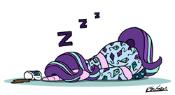 Size: 1816x986 | Tagged: safe, artist:bobthedalek, starlight glimmer, pony, unicorn, g4, ass up, clothes, coffee, drink, face down ass up, female, horn, kite, mare, mug, newbie artist training grounds, onomatopoeia, pajamas, sleeping, slippers, solo, sound effects, spilled drink, that pony sure does love kites, zzz