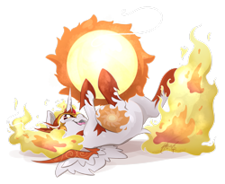 Size: 2701x2220 | Tagged: safe, artist:midnightpremiere, daybreaker, alicorn, pony, g4, behaving like a cat, cute, diabreaker, fangs, female, fire, lying down, mane of fire, mare, on back, simple background, smiling, solo, sun, tangible heavenly object, transparent background