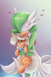 Size: 2400x3600 | Tagged: safe, artist:ardail, earth pony, gardevoir, pony, blushing, colored pupils, crossover, cute, duo, epona, eponadorable, eyes closed, female, floppy ears, fluffy, heart, heart container, holding a pony, hug, lidded eyes, looking at you, mare, mouth hold, nintendo, nom, phone wallpaper, piece of heart, pokémon, ponified, smiling, the legend of zelda, unshorn fetlocks