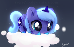 Size: 3082x1945 | Tagged: safe, artist:sverre93, princess luna, alicorn, pony, g4, chibi, cloud, cute, female, filly, filly luna, foal, hoof shoes, looking down, lunabetes, solo, sverre is trying to murder us, watermark, woona, younger