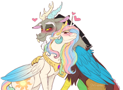 Size: 2855x2100 | Tagged: safe, artist:stepandy, discord, princess celestia, alicorn, draconequus, pony, g4, colored sketch, crown, duo, female, hug, jewelry, male, mare, necklace, regalia, ship:dislestia, shipping, simple background, sketch, straight, transparent background