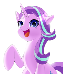 Size: 2266x2646 | Tagged: safe, artist:suziouwabami, starlight glimmer, pony, unicorn, g4, cute, female, glimmerbetes, horn, looking at you, mare, open mouth, raised hoof, simple background, smiling, solo, white background