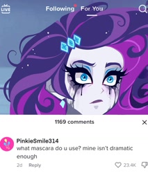 Size: 1080x1270 | Tagged: safe, artist:libbly_libby, pinkie pie, rarity, equestria girls, g4, alternate hairstyle, crying, ear piercing, earring, eyeshadow, female, jewelry, lipstick, makeup, mascara, meme, messy hair, piercing, ponified meme, running makeup, solo, tiktok