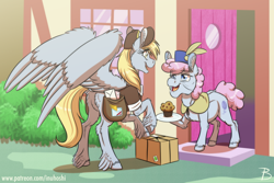 Size: 1024x683 | Tagged: safe, artist:inuhoshi-to-darkpen, derpy hooves, pearly stitch, earth pony, pegasus, pony, g4, bag, box, door, duo, ear fluff, eye clipping through hair, feathered fetlocks, female, food, hat, mail, mailbag, mailmare, mailmare uniform, mare, muffin, older, open mouth, package, smiling, underhoof, unshorn fetlocks, window