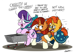 Size: 2483x1764 | Tagged: safe, artist:bobthedalek, starlight glimmer, stellar flare, sunburst, pony, unicorn, g4, blaze (coat marking), clothes, coat markings, facial markings, female, horn, male, mare, mother and child, mother and son, mothers gonna mother, panic, running, scarf, shopping cart, simple background, socks (coat markings), stallion, sunburst is not amused, that pony sure does love plans, trio, unamused, white background