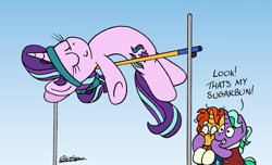 Size: 1968x1200 | Tagged: safe, artist:bobthedalek, firelight, starlight glimmer, sunburst, pony, unicorn, g4, atg 2022, blaze (coat marking), cheek squish, coat markings, elegant, excited, eyes closed, facial markings, father and child, father and daughter, fathers gonna father, female, fosbury flop, gradient background, gymnastics, happy, headband, high jump, horn, jumping, male, mare, newbie artist training grounds, shrunken pupils, socks (coat markings), sports, squishy cheeks, stallion, trio