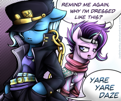 Size: 2685x2233 | Tagged: safe, artist:jadekettu, starlight glimmer, trixie, pony, unicorn, g4, anime, bipedal, clothes, costume, crossover, female, horn, jojo's bizarre adventure, jotaro kujo, mare, star platinum, yare yare daze