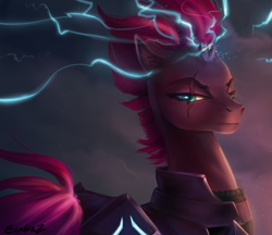 Size: 2632x2278 | Tagged: safe, artist:seadraz, tempest shadow, pony, g4, my little pony: the movie, armor, broken horn, electricity, electricity magic, eye scar, facial scar, female, glowing, glowing horn, horn, magic, mare, profile, scar, signature, solo, sparking horn