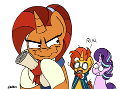 Size: 1997x1428 | Tagged: safe, artist:bobthedalek, starlight glimmer, stellar flare, sunburst, pony, unicorn, g4, atg 2022, blaze (coat marking), coat markings, dialogue, evil smile, facial markings, fear, female, grin, grinch face, horn, male, mare, mother and child, mother and son, mothers gonna mother, newbie artist training grounds, plan, run, scroll, simple background, smiling, socks (coat markings), stallion, that pony sure does love plans, this will end in marriage, this will not end well, trio, uh oh, white background