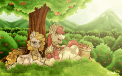 Size: 2560x1600 | Tagged: safe, artist:inuhoshi-to-darkpen, applejack, big macintosh, bright mac, pear butter, earth pony, pony, g4, my little pony: friendship is magic, season 7, the perfect pear, apple, apple tree, baby, baby pony, canon couple, chest fluff, colt, colt big macintosh, cottagecore, dappled sunlight, family, female, filly, filly applejack, foal, food, lying down, male, mare, pregnant, prone, scenery, ship:brightbutter, shipping, stallion, straight, sweet apple acres, tree, younger