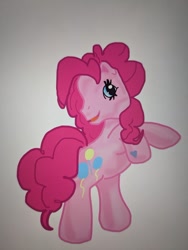 Size: 640x853 | Tagged: safe, artist:theborahaejellyfish, edit, pinkie pie, earth pony, pony, g3, g4, female, g4 to g3, generation leap, gradient background, happy, mare, open mouth, open smile, raised hooves, smiling, solo