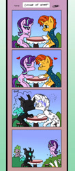 Size: 1451x3300 | Tagged: safe, artist:loreto-arts, spike, starlight glimmer, sunburst, thorax, changeling, dragon, pony, unicorn, g4, comic, date, disguise, disguised changeling, fake starlight glimmer, female, gay, giving up the ghost, heart, horn, implied shipping, implied starburst, implied straight, joke, kiss on the lips, kissing, laughing, male, mare, prank, pranked, ship:starburst, ship:thoraxburst, shipping, shipping denied, stallion, straight