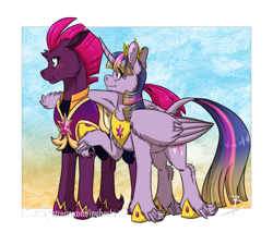 Size: 2000x1702 | Tagged: safe, artist:inuhoshi-to-darkpen, fizzlepop berrytwist, tempest shadow, twilight sparkle, alicorn, classical unicorn, pony, unicorn, g4, alternate universe, armor, captain, cloven hooves, comforting, duo, dusk guard, feathered fetlocks, female, friendship, gradient background, gradient mane, gradient tail, hoof shoes, horn, large wings, leonine tail, mare, patreon, patreon logo, royal guard, signature, simple background, tail, tempest becomes a royal guard, transparent background, twilight sparkle (alicorn), twilight's royal guard, unshorn fetlocks, wings