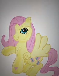 Size: 640x826 | Tagged: safe, artist:theborahaejellyfish, edit, fluttershy, pegasus, pony, g3, g4, female, g4 to g3, generation leap, gradient background, mare, raised hoof, smiling, solo, spread wings, wings