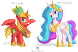 Size: 1500x1000 | Tagged: safe, artist:berrypawnch, big macintosh, princess celestia, alicorn, earth pony, pony, g4, alicornified, apple (company), bigmacicorn, crown, female, hoof shoes, jewelry, looking at you, mac ad parody, male, mare, parody, peytral, princess big mac, princess shoes, pun, race swap, raised hoof, regalia, spread wings, stallion, wings