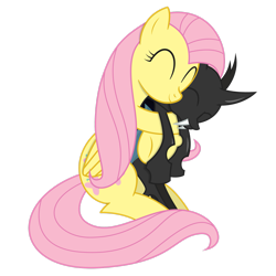 Size: 2449x2449 | Tagged: safe, artist:xyotic, fluttershy, changeling, pegasus, pony, g4, ^^, cuddling, cute, cuteling, duo, eyes closed, female, hug, mare, shyabetes, simple background, smiling, snuggling, spooning, transparent background, vector