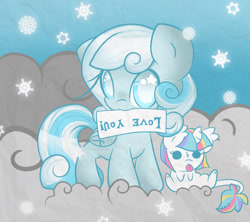 Size: 1200x1065 | Tagged: safe, artist:starlightlore, oc, oc only, oc:lorelei, oc:snowdrop, pony, blind joke, cloud, cloudy, cute, female, filly, foal, mouth hold, ocbetes, sign, snow, snowbetes, snowfall, solo