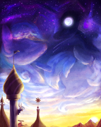 Size: 2190x2737 | Tagged: safe, artist:jadedjynx, nightmare moon, princess celestia, princess luna, alicorn, pony, g4, canterlot, cloud, female, filly, filly luna, foal, lunar trinity, mare in the moon, moon, mountain, s1 luna, scenery, shooting star, sky, stars, sun, sunrise, woona, younger