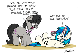 Size: 2300x1576 | Tagged: safe, artist:bobthedalek, dj pon-3, octavia melody, vinyl scratch, earth pony, pony, unicorn, g4, abuse, angry, card, cross-popping veins, emanata, female, glowing, glowing horn, horn, magic, mare, moments before disaster, monopoly, nervous, newbie artist training grounds, octavia is not amused, ragetavia, stomping, sweat, sweatdrop, telekinesis, this will end in tears, this will not end well, unamused, vinylbuse, yelling