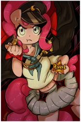 Size: 2000x3000 | Tagged: safe, artist:velexane, pinkie pie, earth pony, anthro, g4, ambiguous facial structure, belly, belly button, clothes, female, hat, kill la kill, mako, mako mankanshoku, midriff, parody, skirt, solo