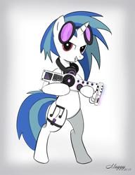 Size: 1537x2000 | Tagged: safe, artist:nevobaster, dj pon-3, vinyl scratch, pony, unicorn, g4, bipedal, dubstep gun, female, gun, headphones, hooves, horn, mare, saints row, saints row iv, smiling, solo, sunglasses, teeth, weapon