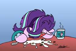 Size: 1308x882 | Tagged: safe, artist:bobthedalek, starlight glimmer, pony, unicorn, g4, atg 2022, bathrobe, bed mane, bowl, cereal, cheerios, clothes, faceplant, female, food, horn, kite, mare, milk, morning ponies, mug, newbie artist training grounds, pajamas, robe, solo, that pony sure does love kites, tired