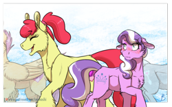 Size: 1800x1124 | Tagged: safe, artist:inuhoshi-to-darkpen, apple bloom, diamond tiara, scootaloo, silver spoon, earth pony, pegasus, pony, g4, blushing, chest fluff, duo focus, eyes closed, female, floppy ears, head out of frame, height difference, implied diamondbloom, implied lesbian, implied shipping, lesbian, looking back, mare, older, older apple bloom, older diamond tiara, older scootaloo, older silver spoon, open mouth, patreon, patreon logo, ship:diamondbloom, shipping, smiling