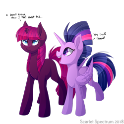 Size: 1575x1575 | Tagged: safe, artist:scarlet-spectrum, tempest shadow, twilight sparkle, alicorn, pony, unicorn, g4, my little pony: the movie, :t, alternate hairstyle, broken horn, colored pupils, cute, duo, eye scar, facial scar, female, hairstyle swap, horn, looking up, mane swap, mare, mohawk, open mouth, scar, simple background, smiling, tempestbetes, transparent background, twiabetes, twilight sparkle (alicorn)