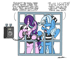 Size: 2112x1708 | Tagged: safe, artist:bobthedalek, starlight glimmer, trixie, pony, unicorn, g4, my little pony: friendship is magic, road to friendship, angry, atg 2022, clothes, cuffs, female, hat, horn, implied twilight sparkle, inconvenient trixie, jail, mare, newbie artist training grounds, prison outfit, prisoner sg, prisoner tx, shirt