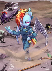 Size: 1100x1491 | Tagged: safe, artist:moenkin, rainbow dash, pegasus, anthro, unguligrade anthro, g4, alternate timeline, apocalypse dash, badass, battlefield, crystal war timeline, dead, decapitated, female, hand on hip, helmet, implied murder, looking at you, scar, severed head, solo, spear, torn ear, war, weapon