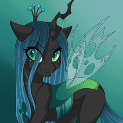 Size: 2449x2449 | Tagged: safe, artist:ridgessky, queen chrysalis, changeling, changeling queen, g4, crown, cute, cutealis, eye clipping through hair, eyebrows, eyebrows visible through hair, fangs, female, gradient background, horn, jewelry, regalia, smiling, solo, wings