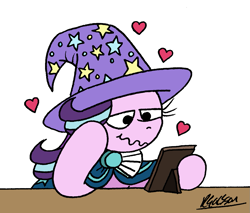 Size: 1137x968 | Tagged: safe, artist:bobthedalek, starlight glimmer, pony, unicorn, g4, accessory theft, cloak, clothes, female, floating heart, hat, heart, horn, implied bisexual, implied lesbian, implied shipping, implied starburst, implied startrix, implied startrixburst, implied straight, lidded eyes, mare, newbie artist training grounds, picture frame, robe, smiling, solo, starlight wearing sunburst's robe, starlight wearing trixie's hat, sunburst's cloak, trixie's hat, wavy mouth