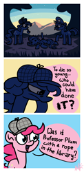 Size: 2200x4495 | Tagged: safe, artist:mafon, pinkie pie, earth pony, pony, g4, bubble pipe, clue, cluedo, comic, crime scene, deerstalker, detective, dialogue, female, hat, knife, male, murder, pipe, police officer, police pony, professor plum, sherlock holmes, sherlock pie, weapon