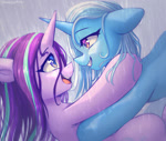 Size: 1108x935 | Tagged: safe, artist:chaosangeldesu, starlight glimmer, trixie, pony, unicorn, g4, crossed horns, cute, duo, duo female, eye contact, female, horn, horns are touching, hug, lesbian, looking at each other, looking at someone, mare, open mouth, open smile, rain, ship:startrix, shipping, smiling, smiling at each other, wet, wet mane