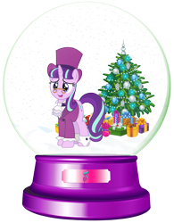 Size: 1700x2177 | Tagged: safe, artist:lizzmcclin, snowfall frost, starlight glimmer, pony, unicorn, g4, christmas, christmas tree, female, hat, holiday, horn, simple background, snow globe, solo, transparent background, tree