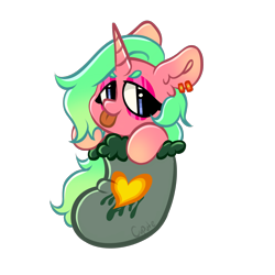 Size: 2048x2048 | Tagged: safe, artist:cupute, oc, oc only, pony, unicorn, :p, big ears, cheap, chibi, christmas, christmas stocking, commission, ear fluff, ear piercing, earring, eyebrows, eyeshadow, gradient body, gradient hooves, gradient horn, gradient mane, green mane, heart, holiday, horn, jewelry, long hair, looking at you, makeup, piercing, pink body, png, simple background, solo, tongue out, transparent background, unicorn oc, ych result