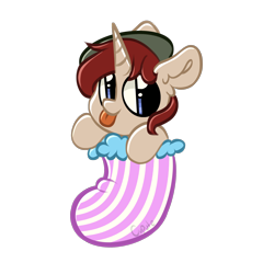 Size: 2048x2048 | Tagged: safe, artist:cupute, oc, oc only, oc:royce winters, pony, unicorn, :p, beige coat, big ears, blue eyes, cheap, chibi, christmas, christmas stocking, commission, ear fluff, eyebrows, green hat, holiday, horn, jewelry, looking at you, military hat, png, red hair, short hair, simple background, solo, stripes, tan body, tongue out, transparent background, unicorn oc, ych result