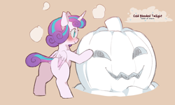 Size: 1200x720 | Tagged: safe, artist:cold-blooded-twilight, princess flurry heart, alicorn, pony, g4, blushing, butt, dock, female, filly, filly flurry heart, foal, panting, plot, pumpkin, raised tail, simple background, smiling, snow, solo, spread legs, spreading, tail