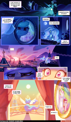 Size: 2900x4945 | Tagged: safe, artist:lummh, artist:miitara, princess cadance, princess celestia, alicorn, pony, comic:the princess of love, g4, balcony, canterlot castle, comic, day, female, looking at you, mare, mare in the moon, moon, night, picture, speech bubble, spread wings, sunrise, teen princess cadance, train, wings, younger