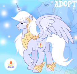 Size: 1280x1243 | Tagged: safe, artist:vi45, oc, oc only, alicorn, pony, adoptable, armor, barding, base used, blue coat, cuirass, determined look, gradient background, gray eyes, greaves, horn, leg guards, light blue coat, long horn, long mane, long mane male, long tail, male, male alicorn, male alicorn oc, male oc, narrowed eyes, partially open wings, profile, smiling, solo, stallion, stallion oc, standing, tail, unicorn horn, white mane, white tail, wings, zoom layer