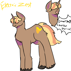 Size: 1280x1280 | Tagged: artist needed, safe, oc, oc only, oc:electric zest, pony, unicorn, brown coat, character name, cloven hooves, dialogue, food, horn, lemon, lightning, male, male oc, mane in face, pony oc, purple shades, short tail, stallion, stallion oc, tail, text, unicorn oc, unshorn fetlocks