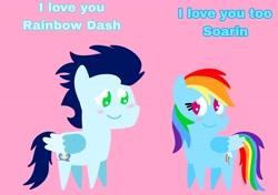 Size: 3553x2499 | Tagged: safe, anonymous artist, derpibooru exclusive, rainbow dash, soarin', pegasus, pony, series:soarindash relationship, series:soarindash romantic tales, g4, blushing, female, i love you, looking at each other, looking at someone, male, mare, pointy ponies, ship:soarindash, shipping, smiling, smiling at each other, stallion, straight