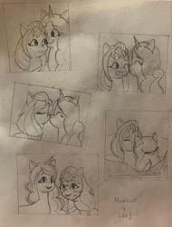 Size: 3024x3978 | Tagged: safe, artist:lnx1ynight16, izzy moonbow, sunny starscout, earth pony, pony, unicorn, g5, blanket, cheek kiss, couple, cuddling, cute, doodle, eyes closed, female, forehead kiss, headband, horn, hug, izzybetes, kiss mark, kiss on the lips, kissing, lesbian, lipstick, messy mane, one eye closed, pillow, ship:moonscout, shipping, snuggling, sunnybetes, traditional art, unicorn horn, wink