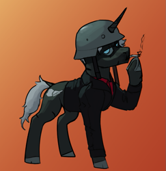 Size: 809x833 | Tagged: safe, artist:neither, oc, oc:crimson(red), pony, unicorn, biker jacket, cigarette, helmet, horn, jacket, looking at you, scar, smoking, unicorn oc