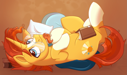 Size: 1013x599 | Tagged: safe, artist:slushpony, sunburst, pony, unicorn, g4, bed, belly, blanket, book, coat markings, comfy, eyebrows, glasses, horn, lidded eyes, lying down, lying on bed, male, night, on bed, pillow, raised hoof, shading, shy, simple background, smiling, socks (coat markings), solo, stallion, tired