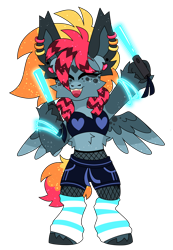 Size: 4109x5933 | Tagged: safe, artist:crazysketch101, oc, oc:crazy looncrest, pegasus, pony, bipedal, bracelet, clothes, ear piercing, earring, fishnet clothing, fishnet stockings, glowstick, jewelry, piercing, raver, sharp teeth, shorts, standing, standing on two hooves, stockings, teeth, thigh highs