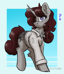 Size: 917x1058 | Tagged: safe, artist:reddthebat, oc, oc only, oc:violina (reddthebat), pony, unicorn, chest fluff, clothes, ear fluff, female, hair over one eye, hock fluff, horn, looking at you, mare, passepartout, question mark, shirt, signature, solo, traditional art