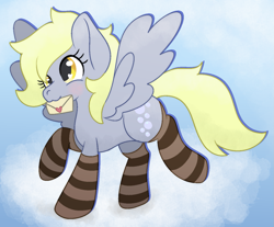 Size: 1283x1064 | Tagged: safe, artist:mimiqq, derpy hooves, pegasus, pony, g4, :3, blushing, clothes, cloud, envelope, fluffy, fluffy hair, happy, heart, letter, mail, mailmare, socks, solo, spread wings, thigh highs, wings